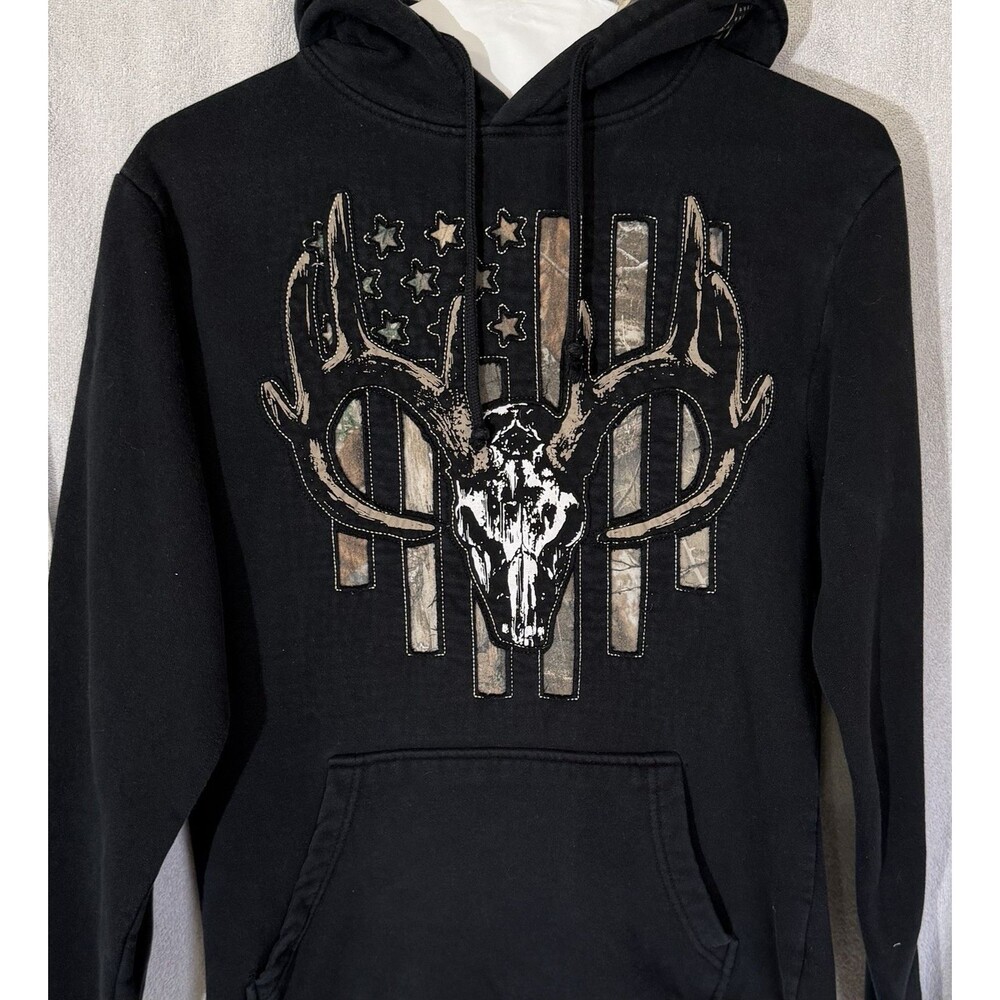 Buck Wear Hoodie Mens Medium Deer Skull USA Flag Camo Lined Hunting Pullover
